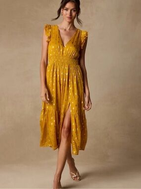 Lulu's Yellow and Gold Polka Dot Midi Dress S